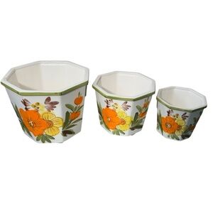 Vintage 70s Hand Painted Ceramic Flower Nesting Pots